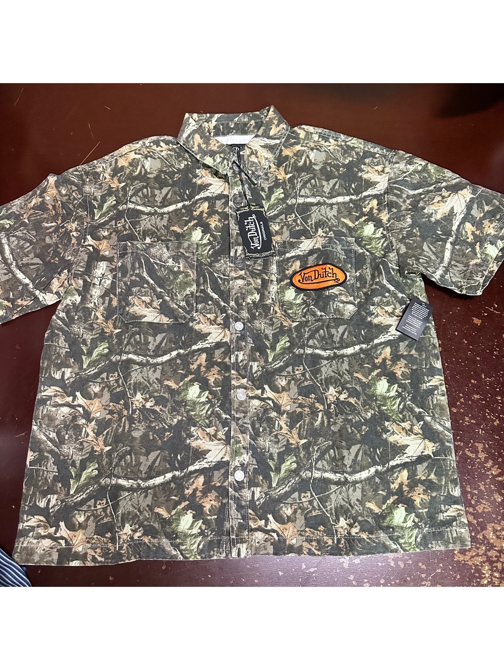 VON DUTCH ORIGINALS Woodland CAMO CANVAS SHORT SLEEVE BUTTON Men’s sz XL